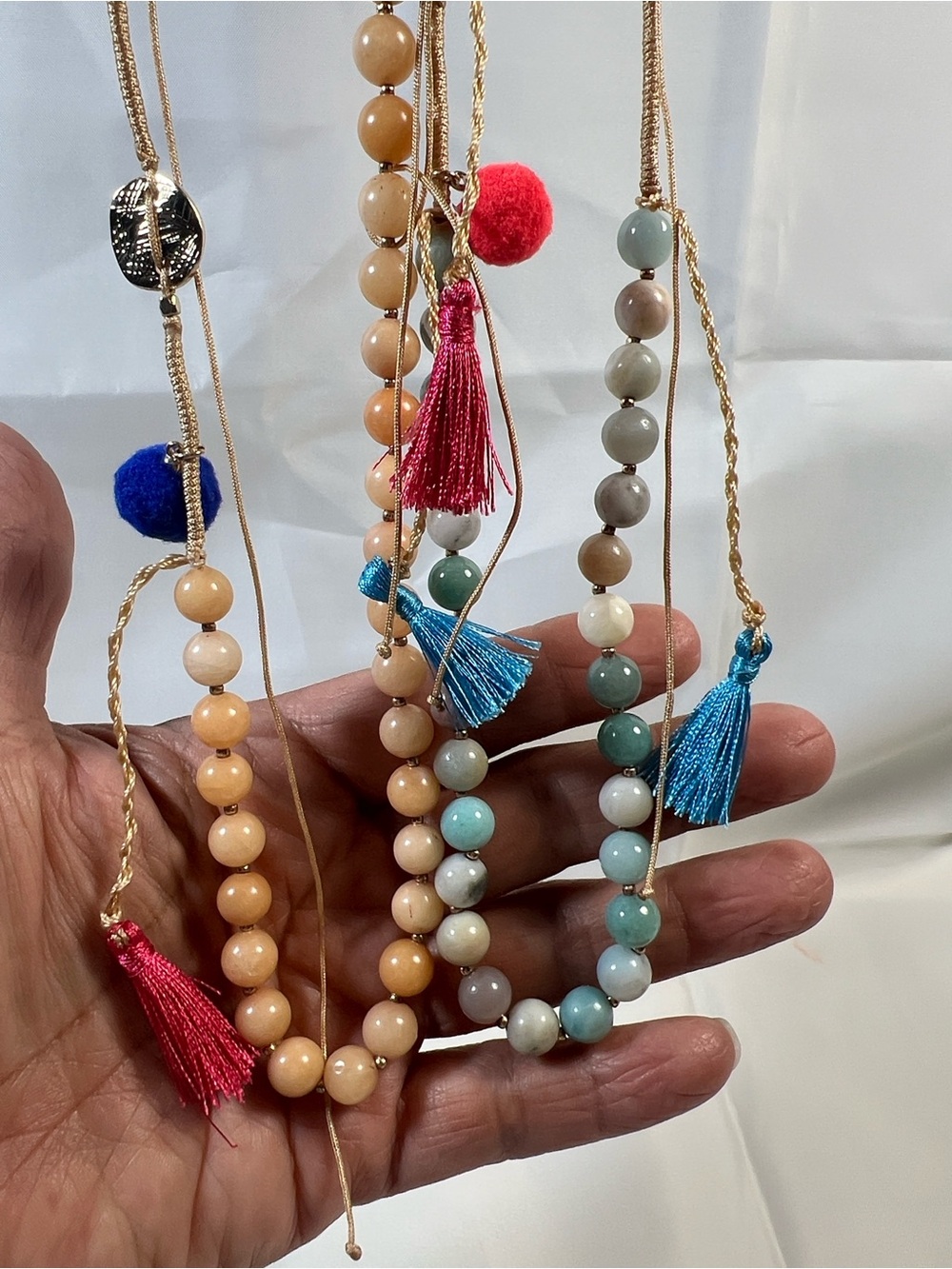 2 peach Multicolor Beaded Tassel Necklace Set - Blue, Pink, Tan, Red, Cream
